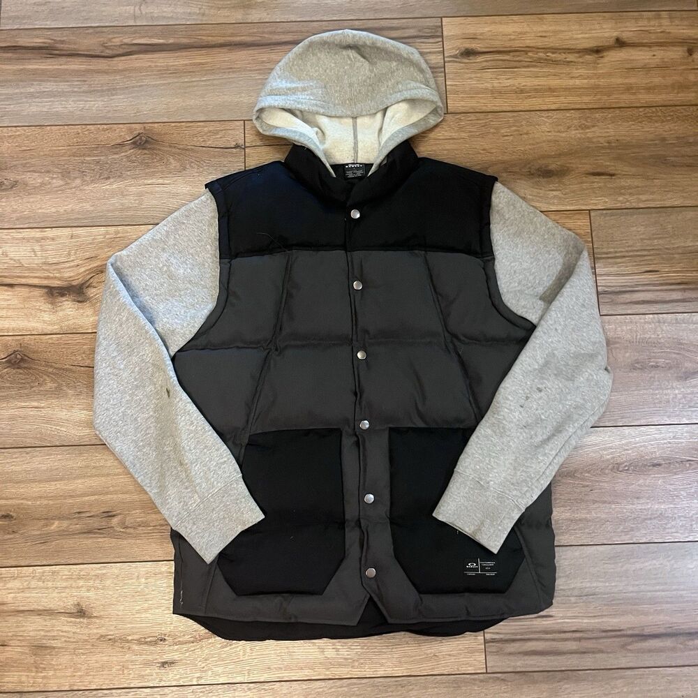 Oakley Hybrid Puffer Vest Hoodie Jacket Gray Black Snap Front Men's Large